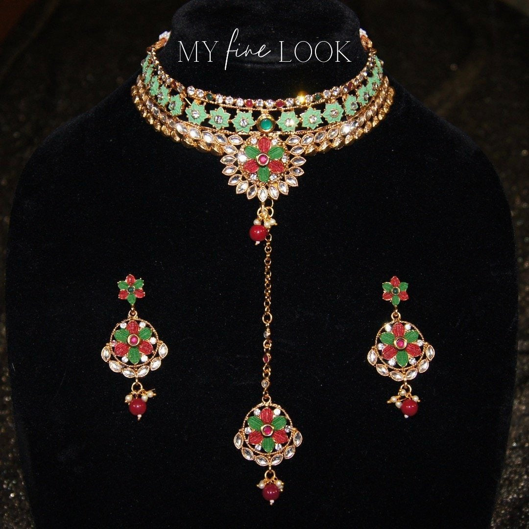 Green and Red Kundan and Meena Choker Set