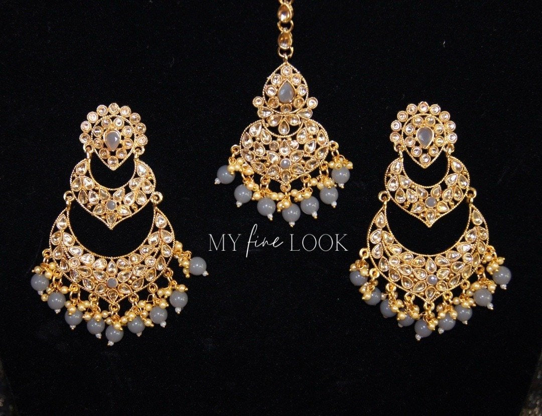 Grey Oversized Earrings with Maang Tikka