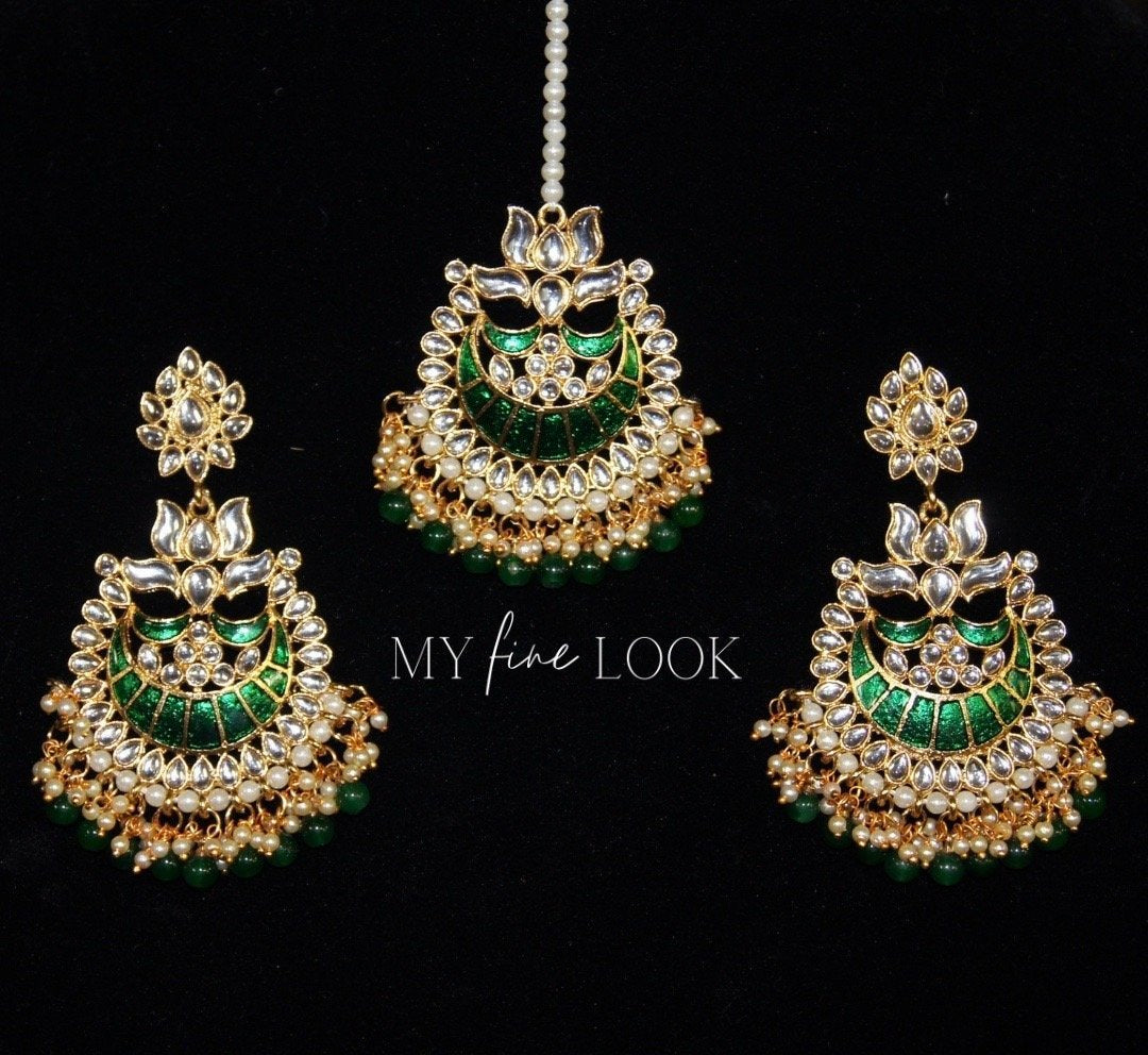 Green Kundan and Meena Earrings with Maany Tikka