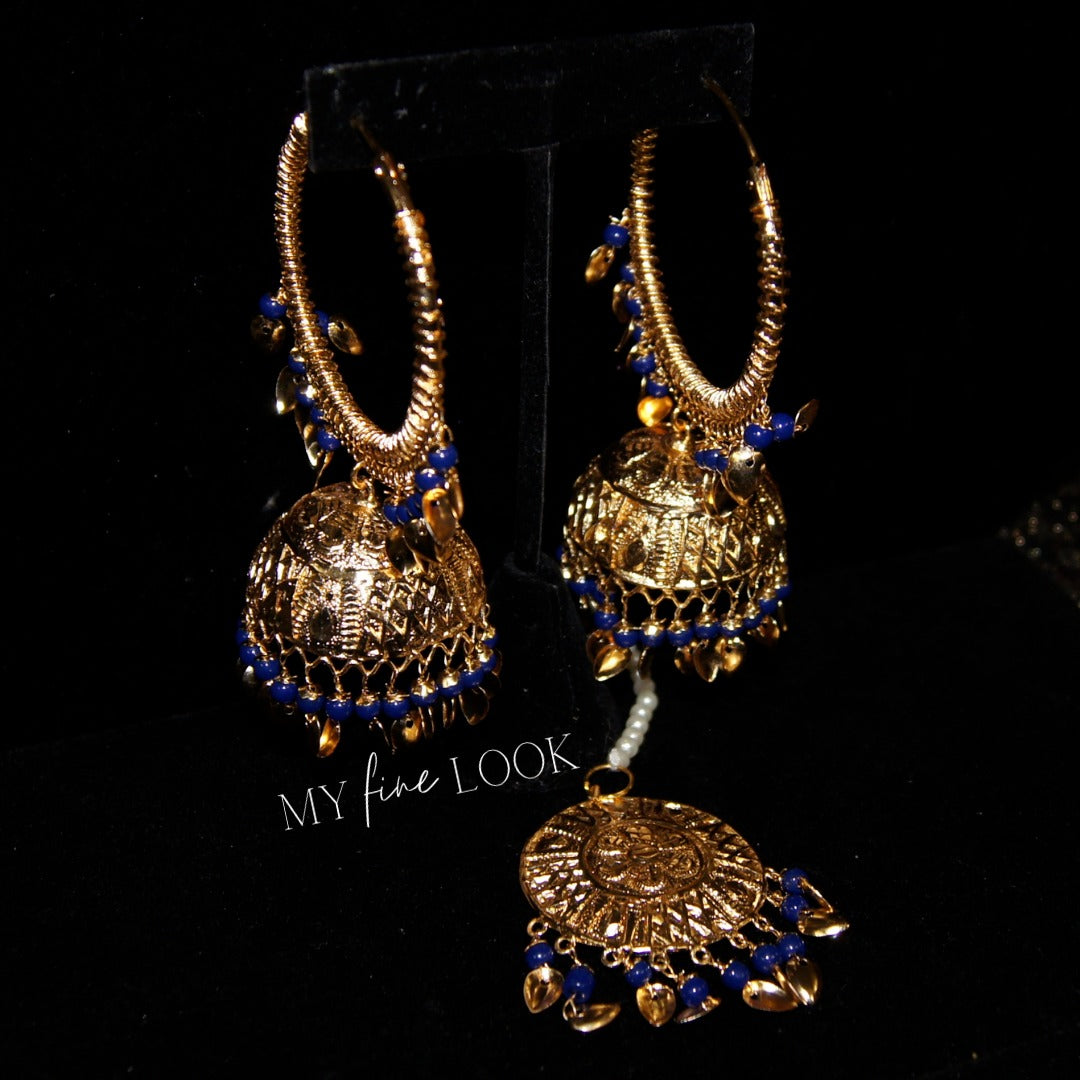 Blue Jhumki Valliyan Earrings with Maang Tikka