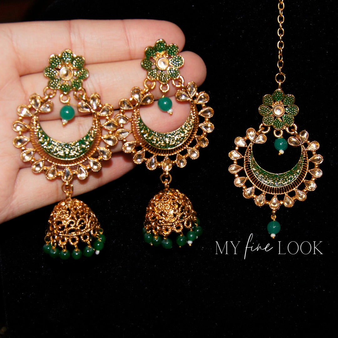 Green Kundan and Meena Earrings with Maang Tikka
