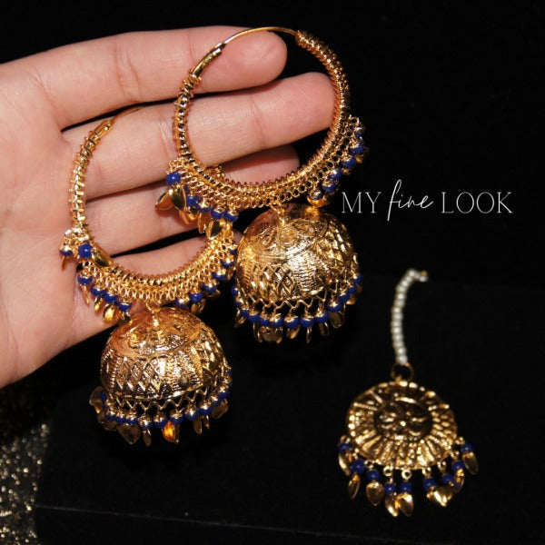 Blue Jhumki Valliyan Earrings with Maang Tikka
