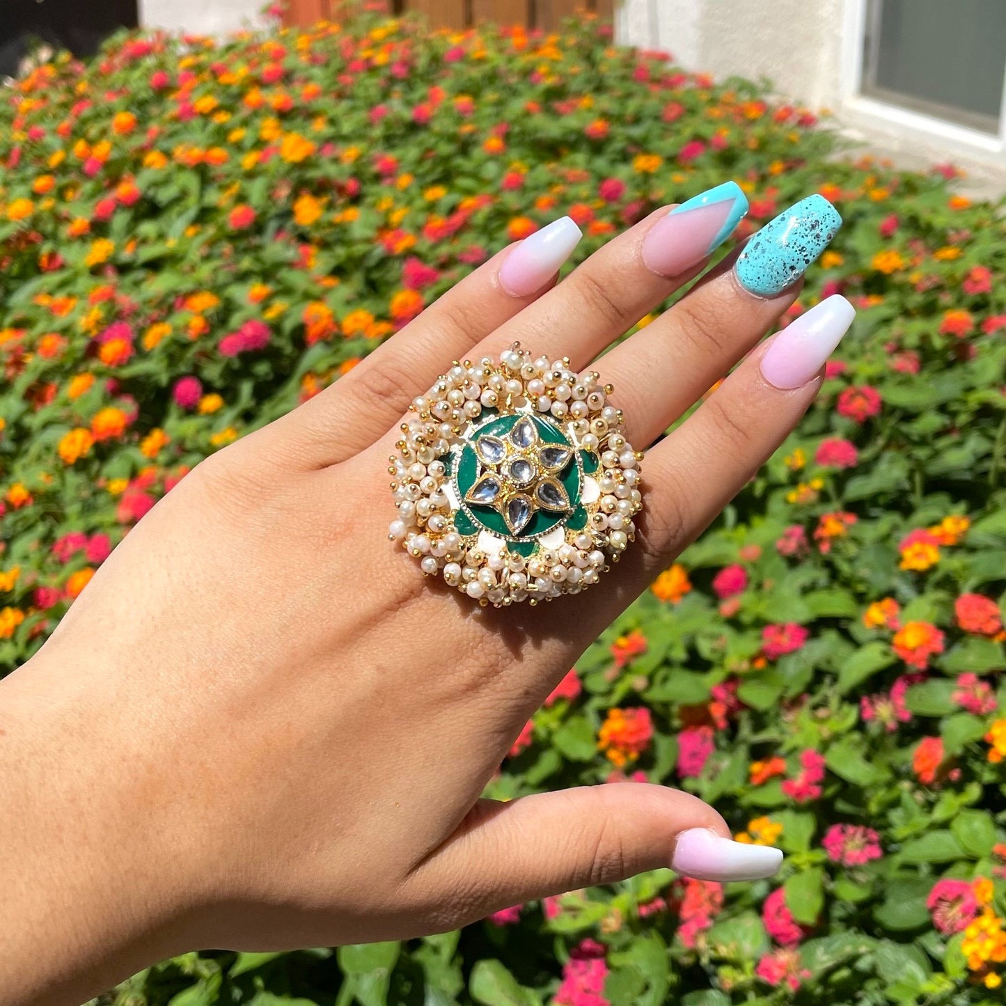 Green Adjustable Kundan and Meena Gucha Ring