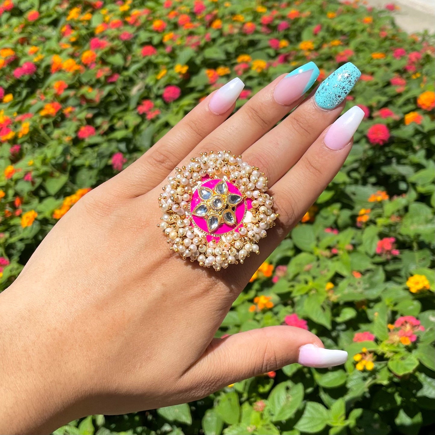 Rani Pink Adjustable Kundan and Meena Ring
