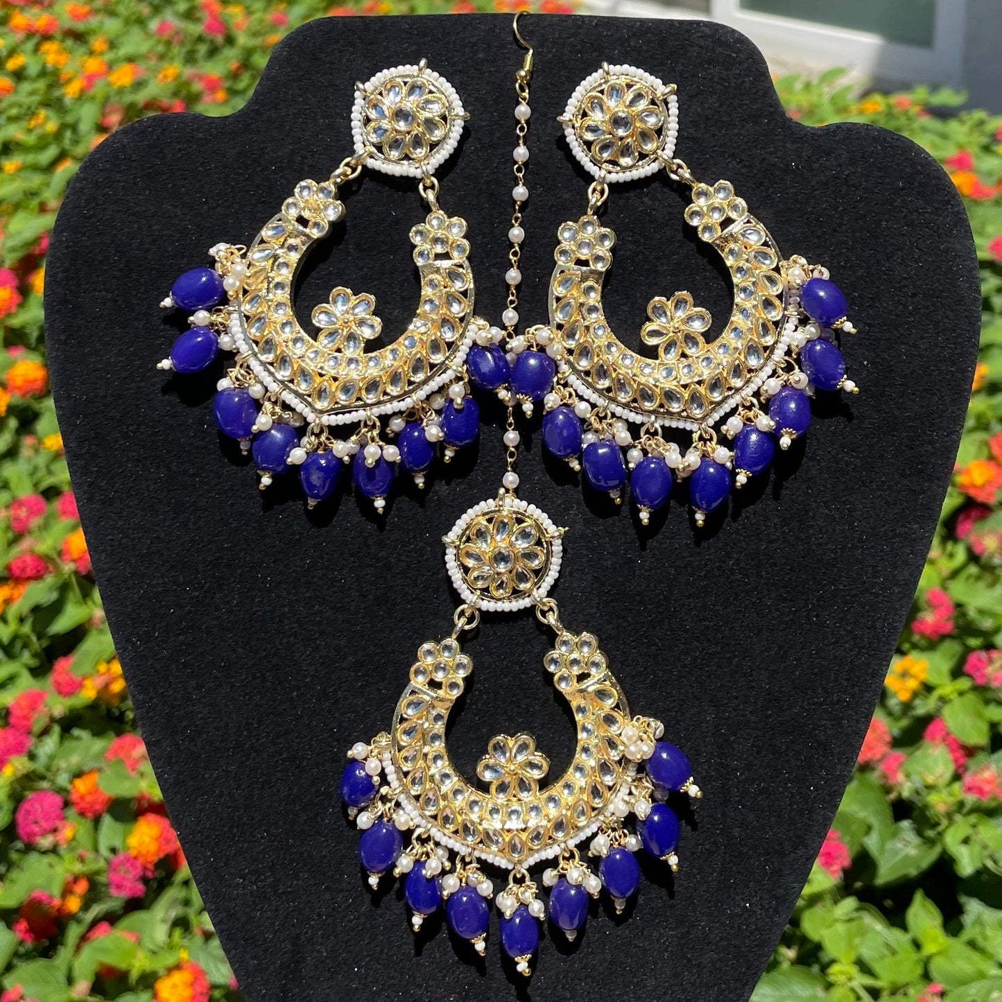 Dark Blue Earrings with Tikka
