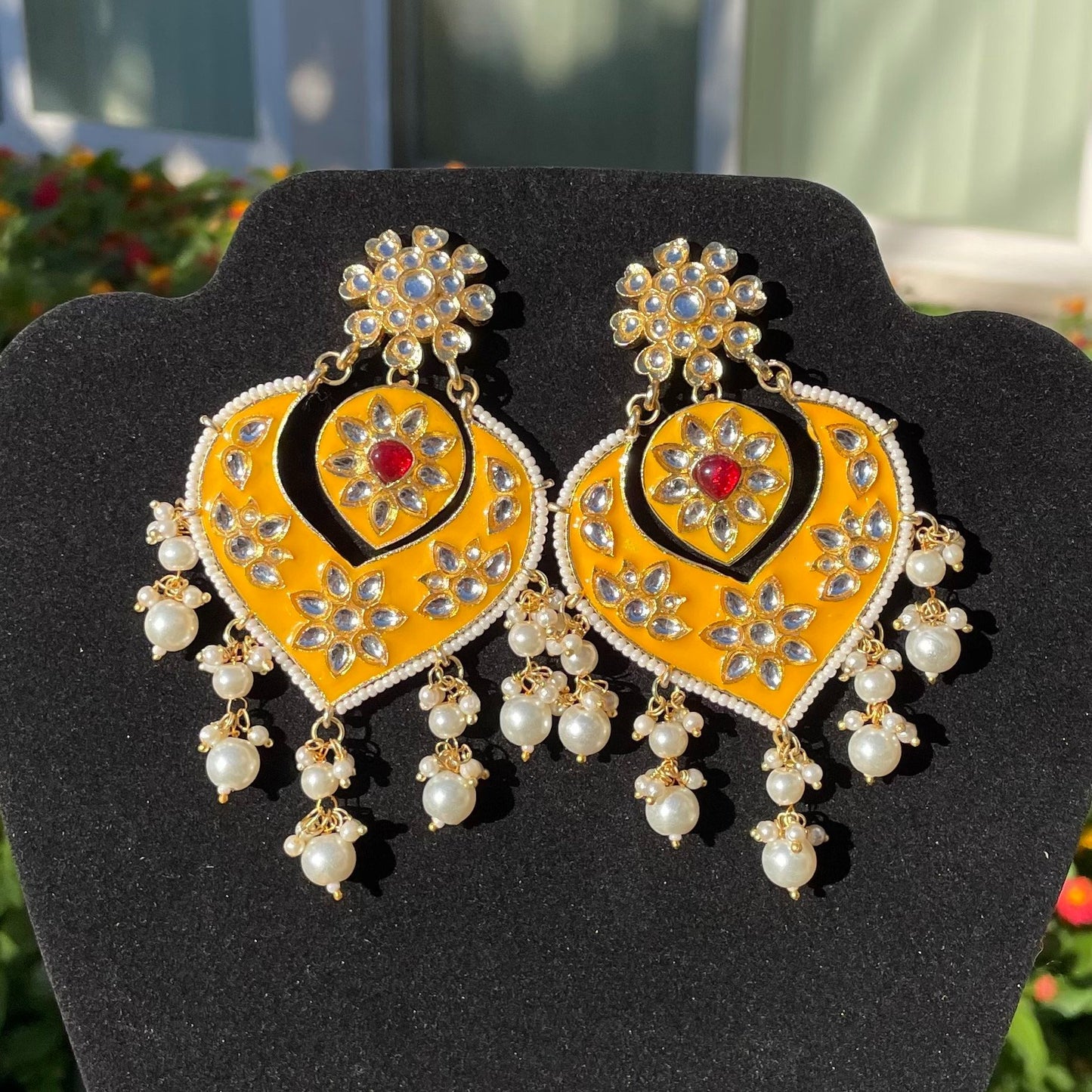 Mustard Yellow Kundan and Meena Earrings