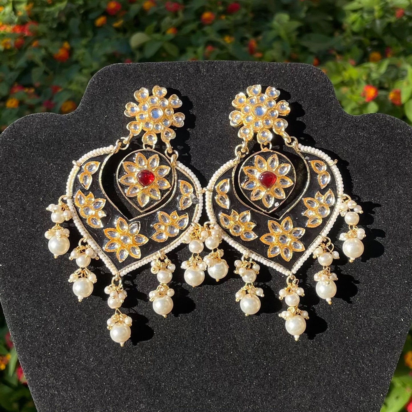 Black Kundan and Meena Earrings