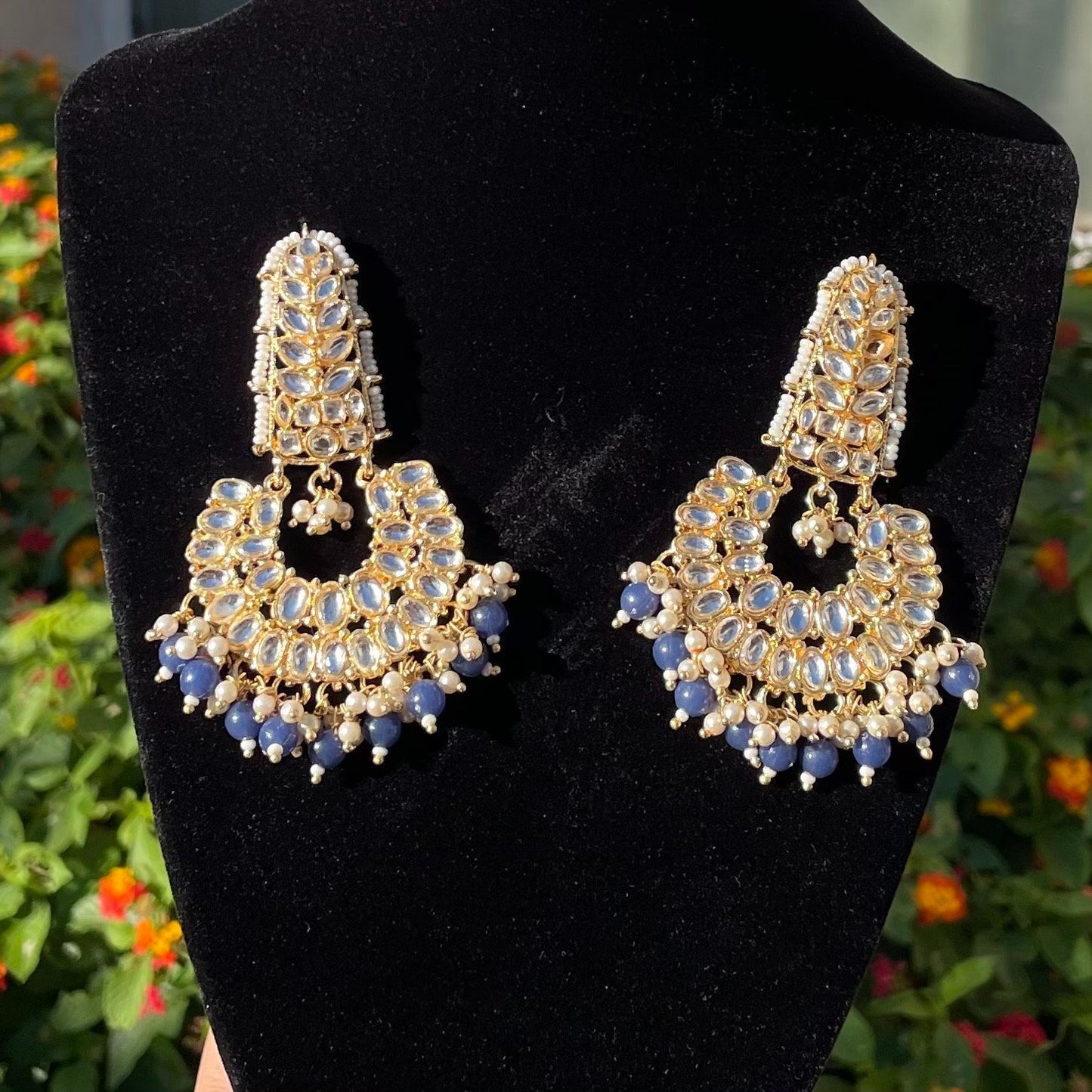 Navy Blue-Grey Kundan Earrings