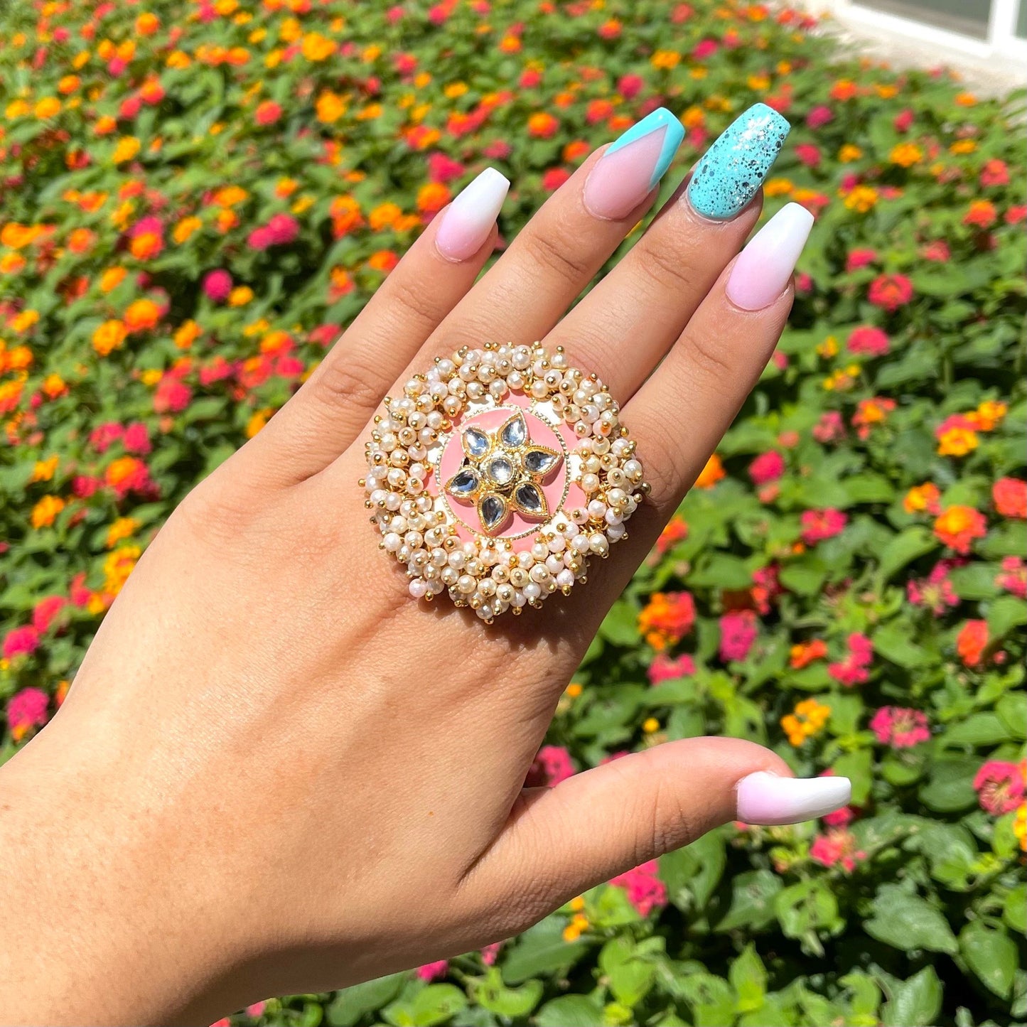 Baby Pink Adjustable Kundan and Meena Ring