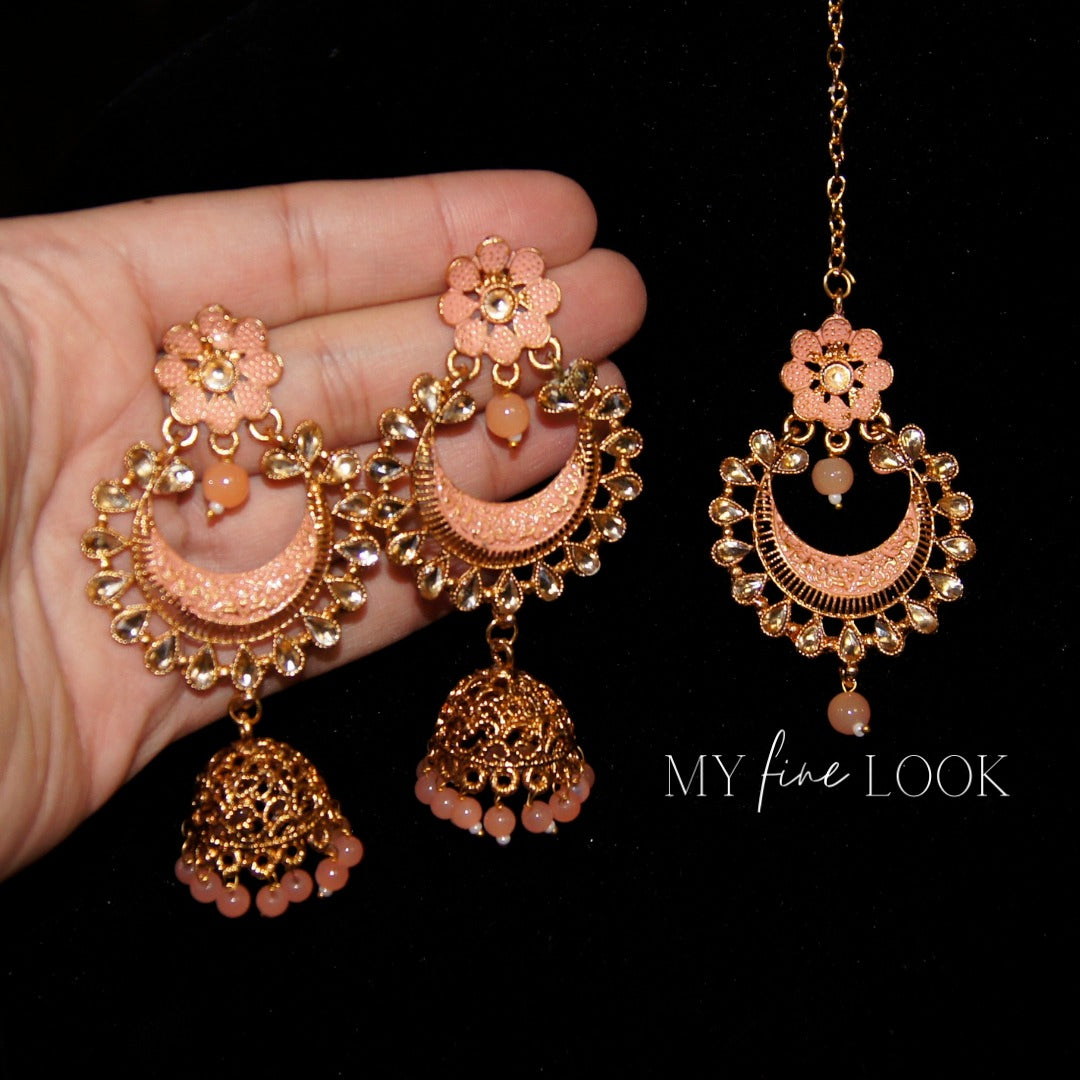 Peach Kundan and Meena Earrings with Maang Tikka