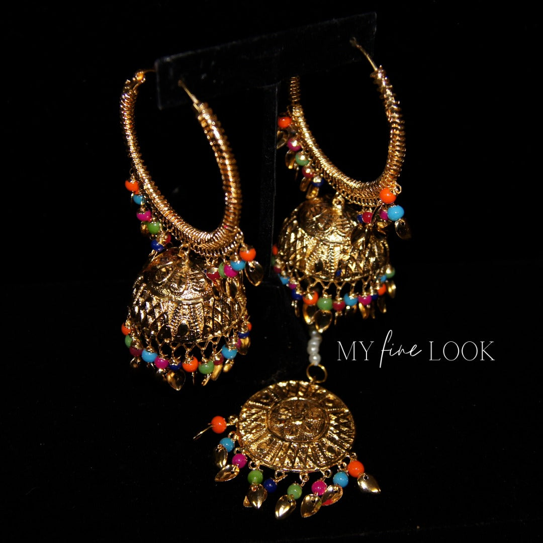Multicolor Jhumki Valliyan Earrings with Maang Tikka