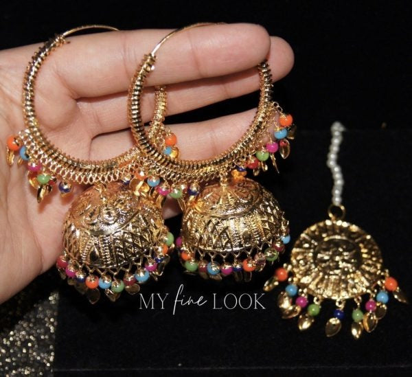 Multicolor Jhumki Valliyan Earrings with Maang Tikka