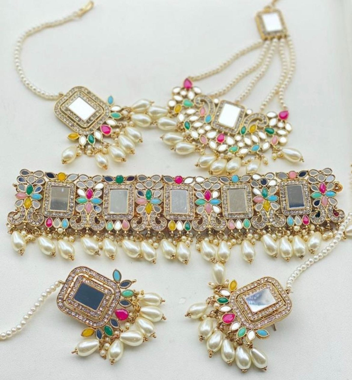 Silver Multicolor Mirror Full Choker Set