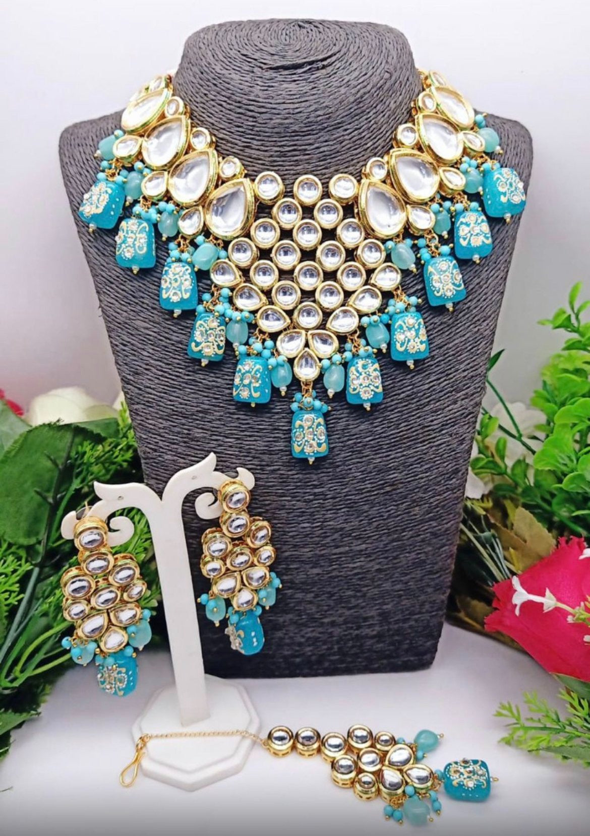 Fehrozy Blue Kundan Necklace Set