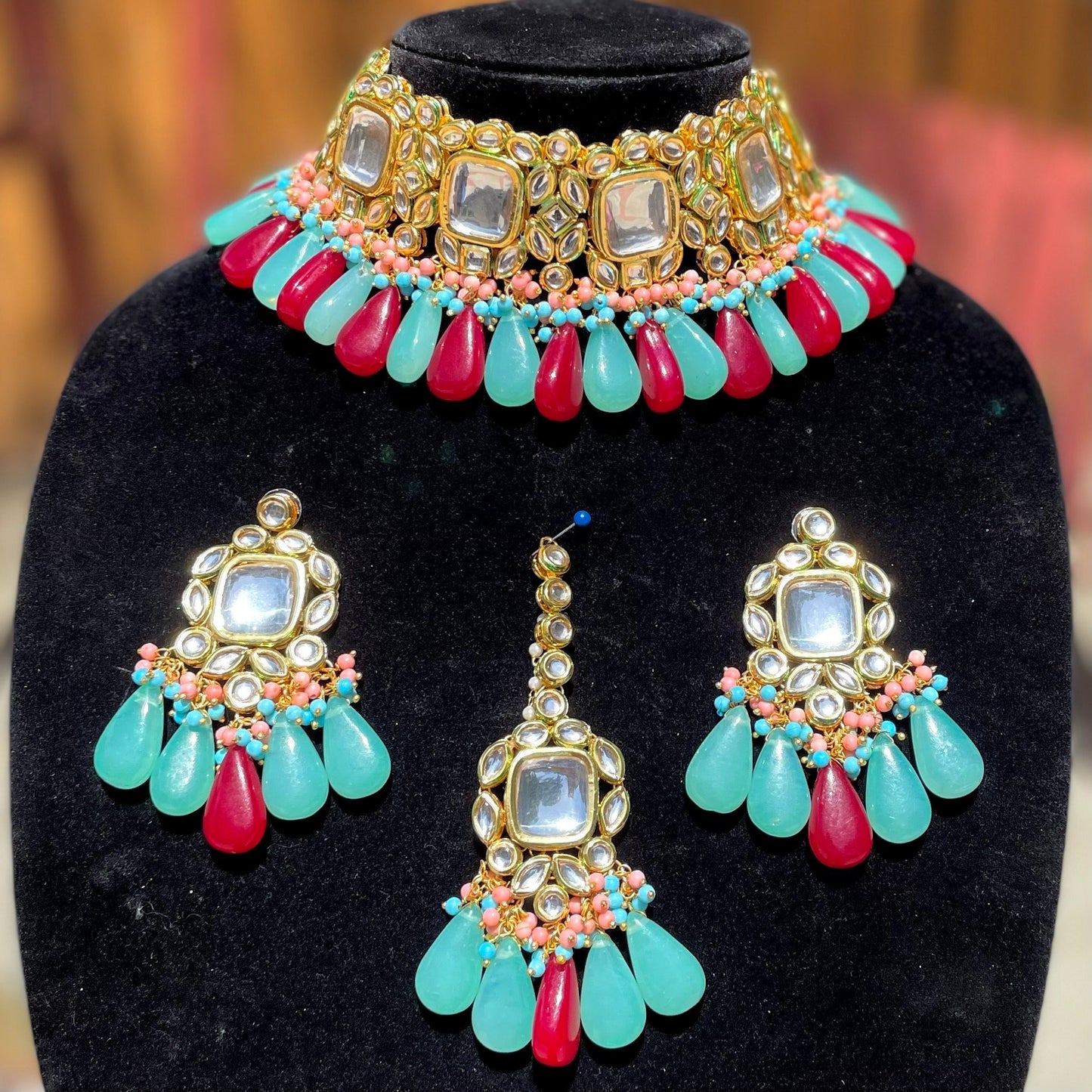 Fehrozy Blue/Maroon KundanChoker Set