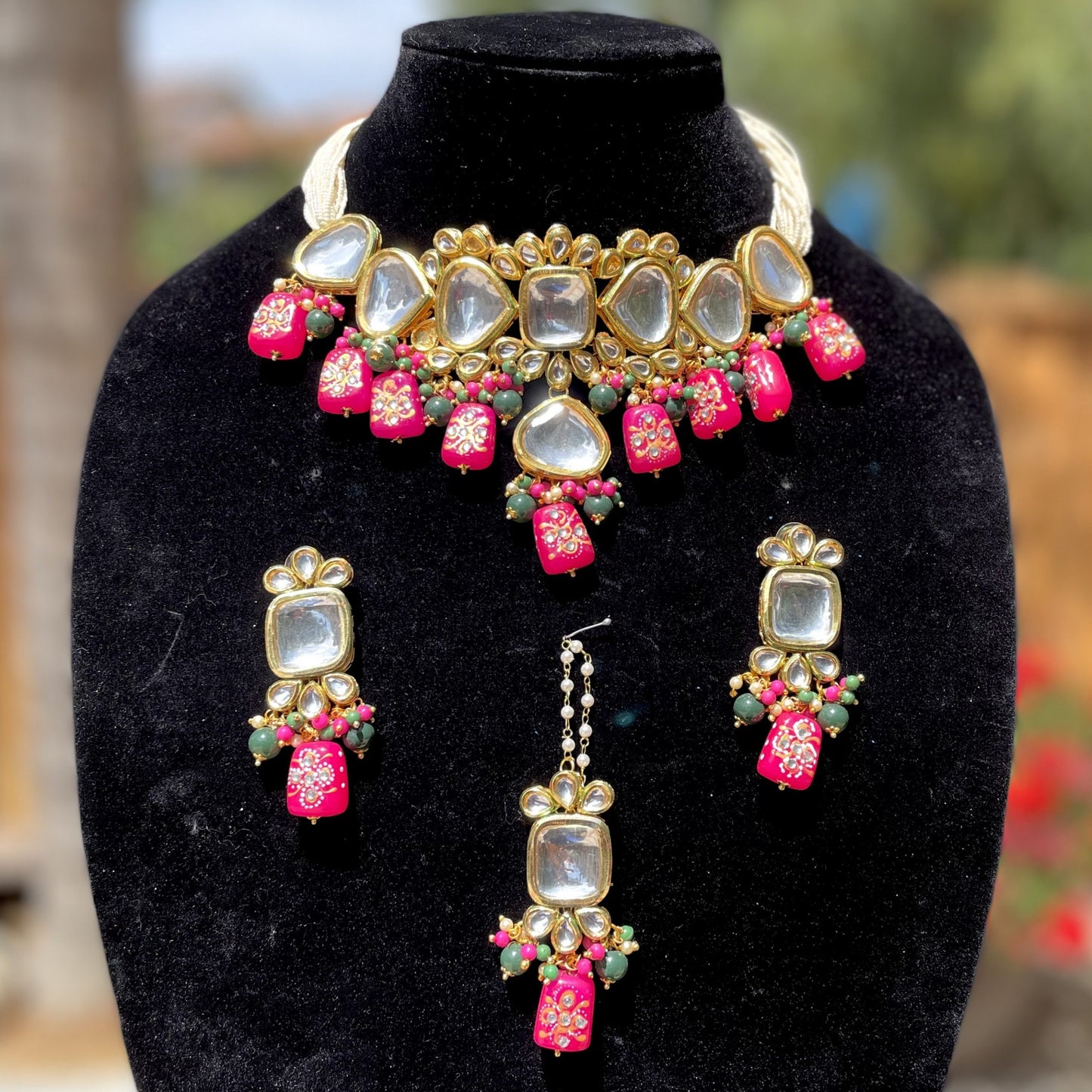 Pink/Green Kundan Necklace/Choker Set
