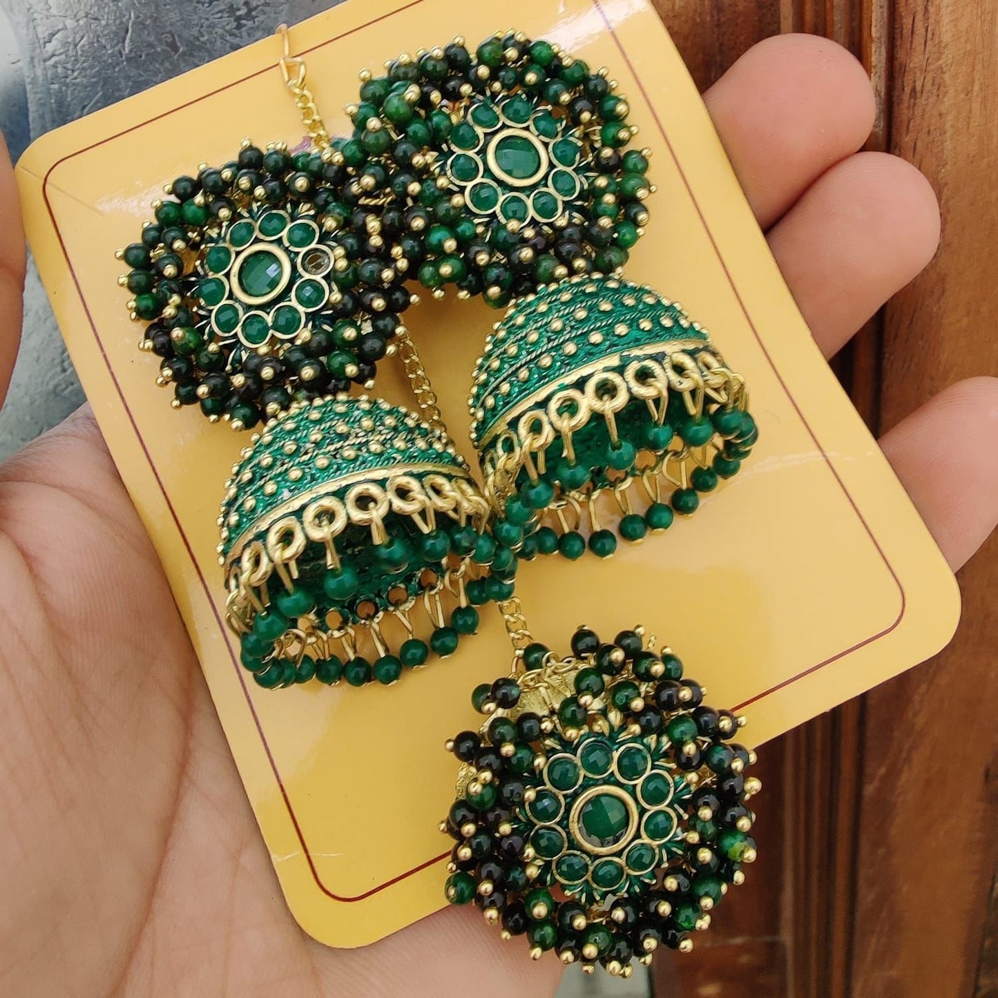 Green Jhumki Earring/Tikka Set