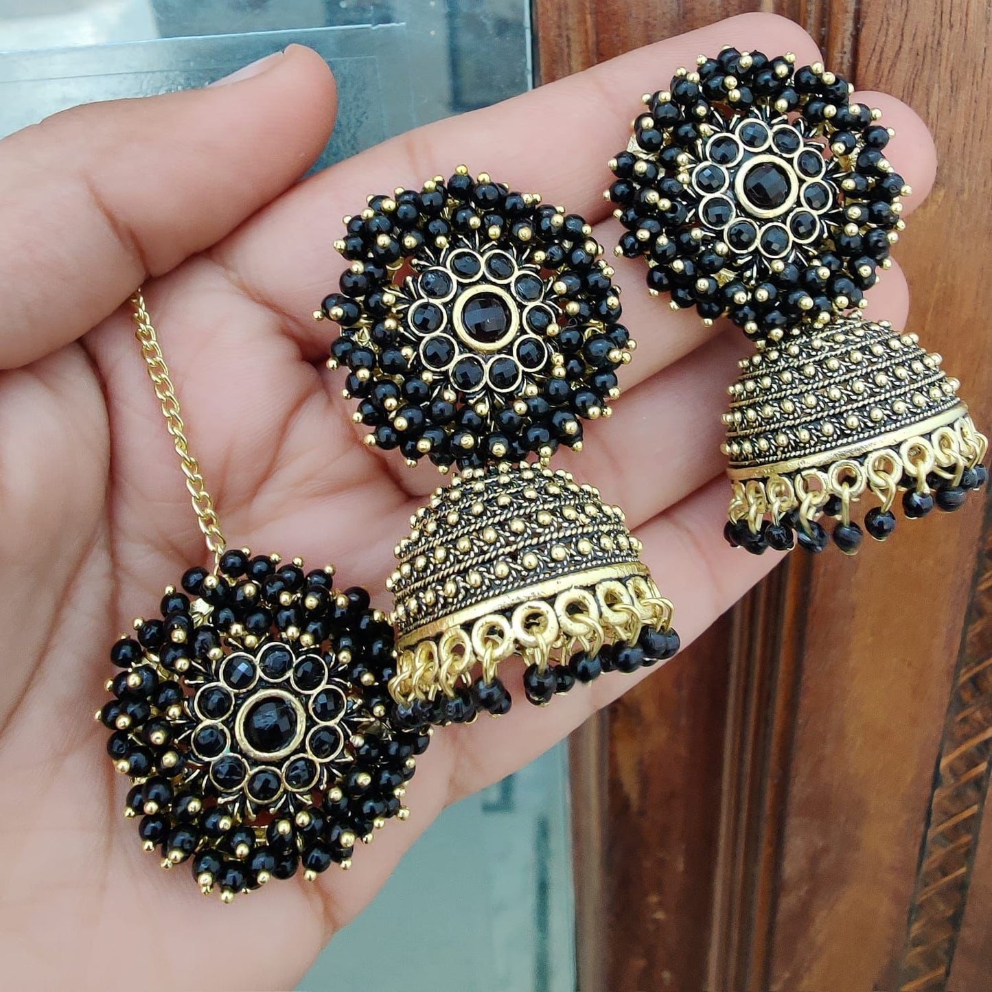 Black Jhumki Earring/Tikka Set