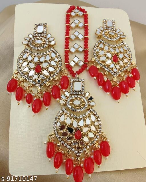 Red Mirror Earring/Tikka Set