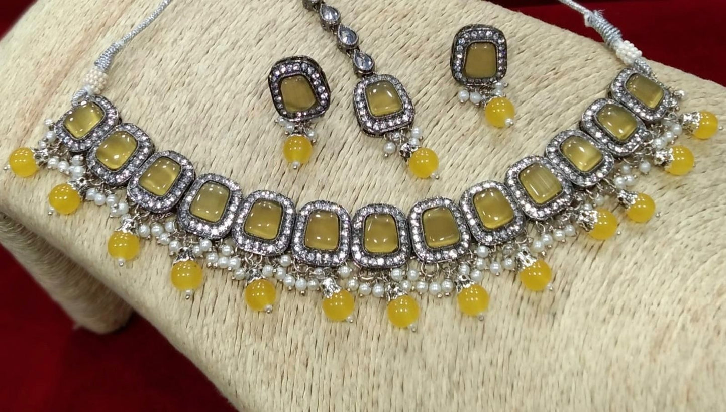 Yellow Reverse American Diamond Set