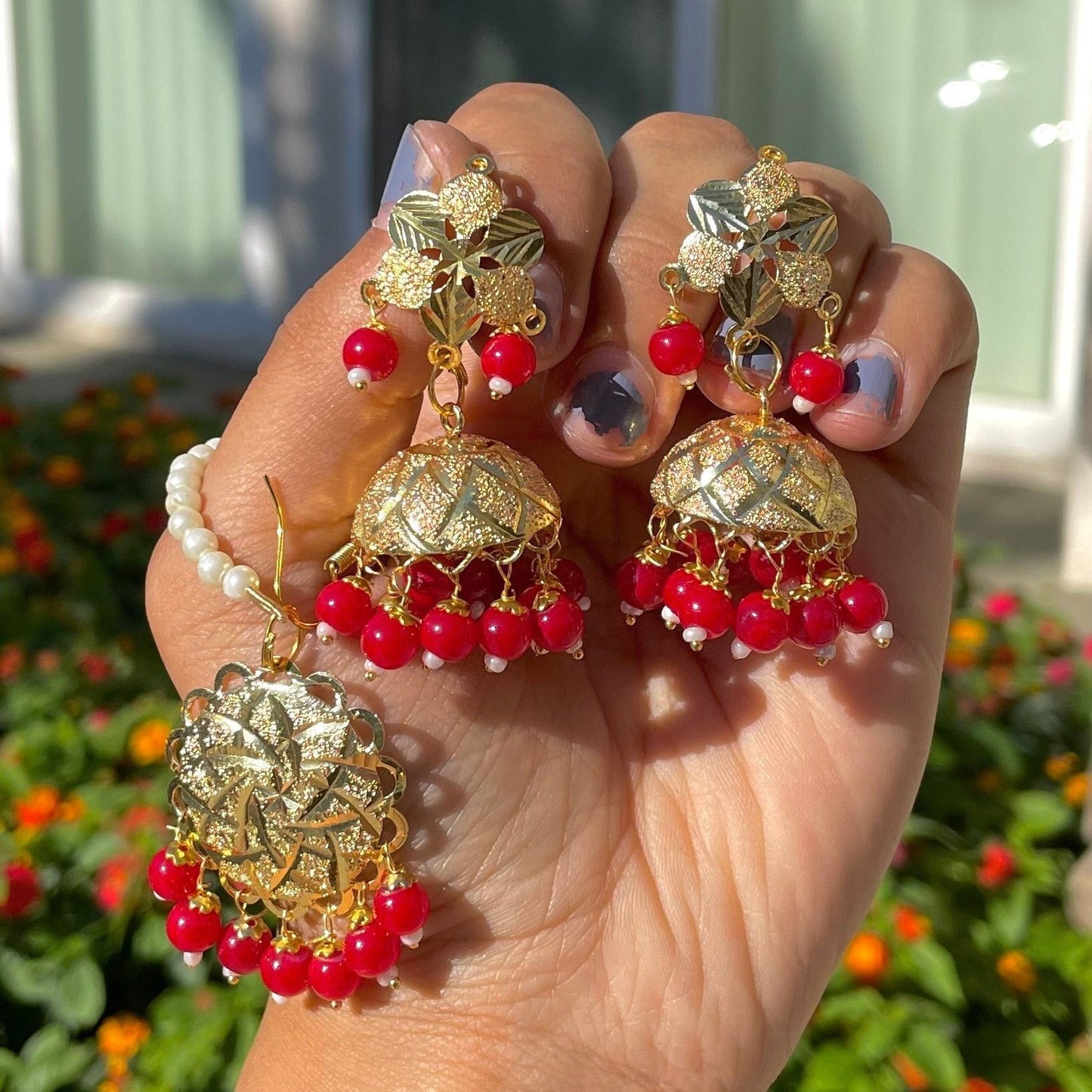 Red Jhumki Earrings and Tikka