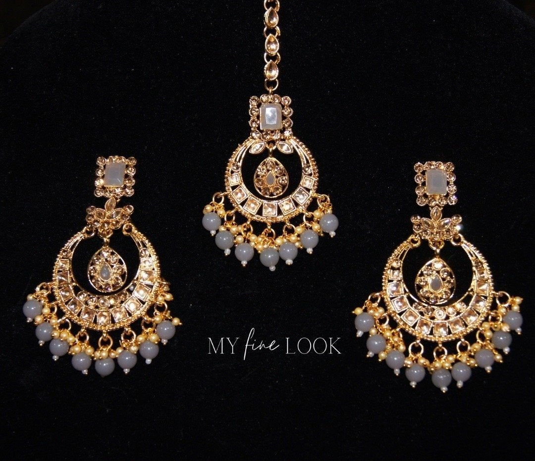 Grey Kundan Earrings with Maang Tikka