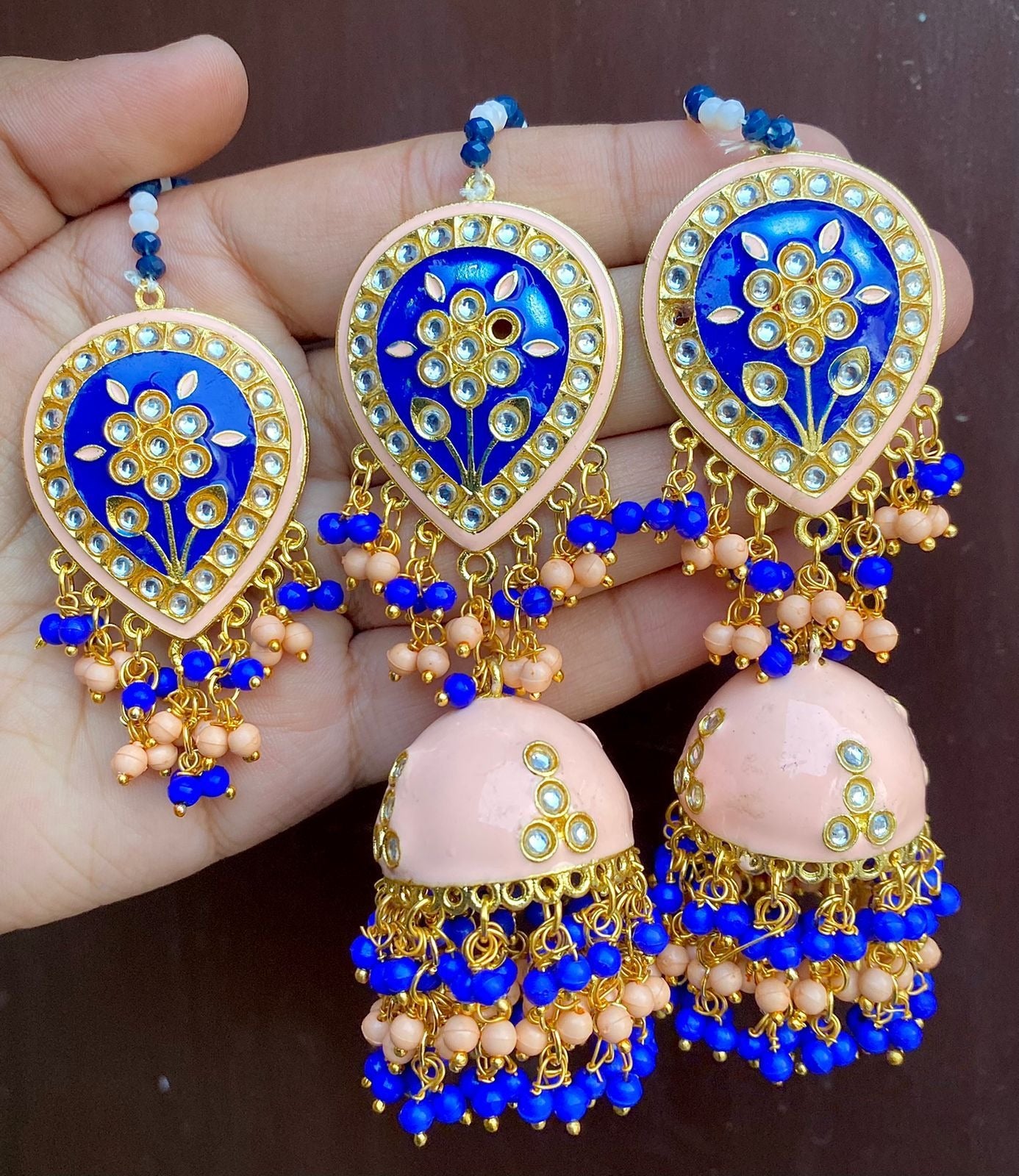 Blue and Peach Jhumki Earring/Tikka Set