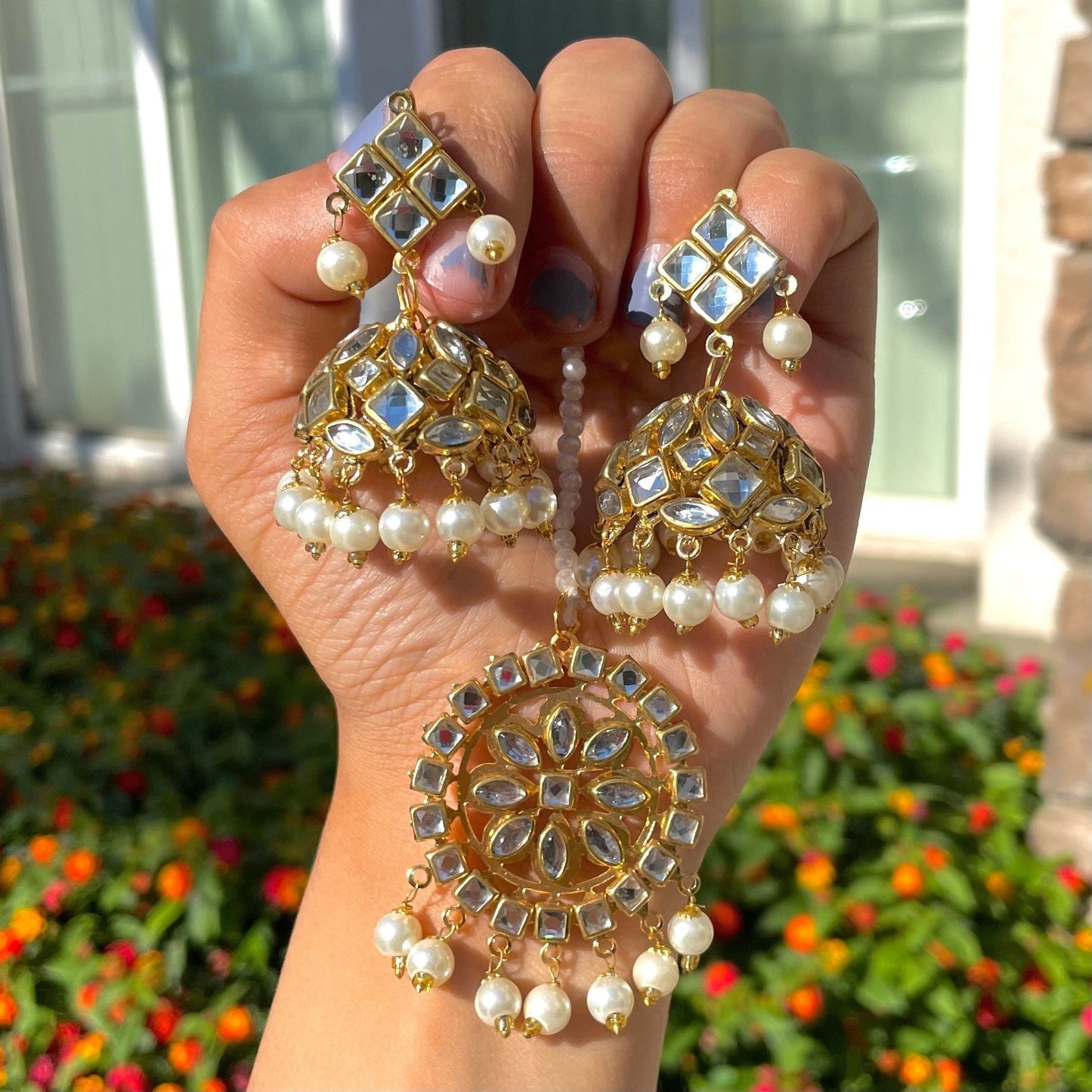 White Jhumki Earrings and Tikka