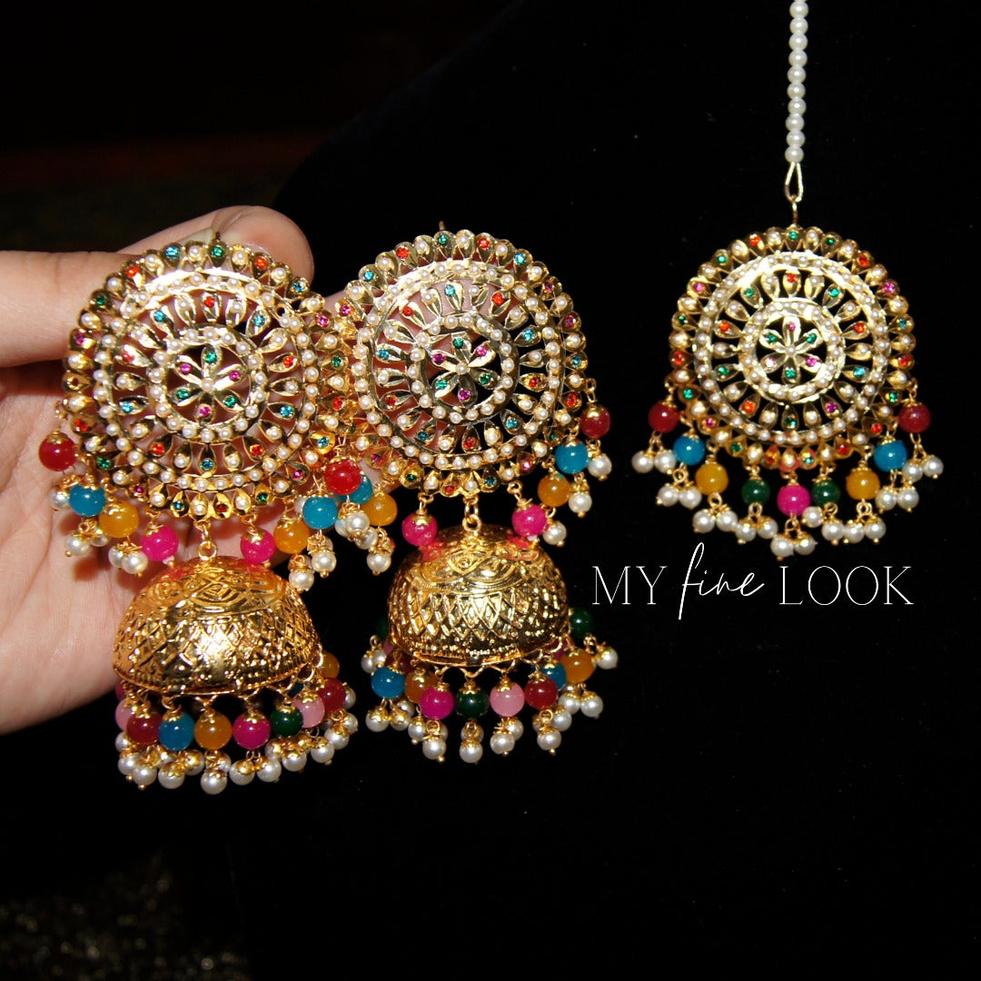 Multicolor Oversized Jhumka Earrings with Maang Tikka