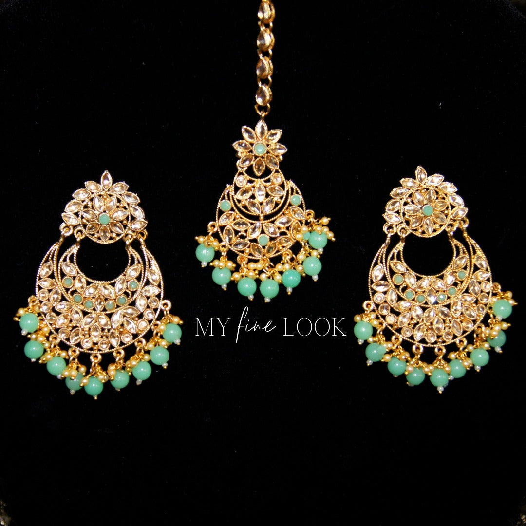 Mint Kundan Earrings with Maang Tikka