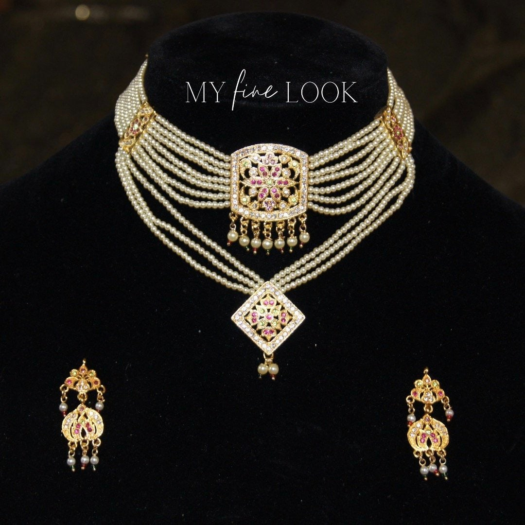 White and Gold Double Choker Set