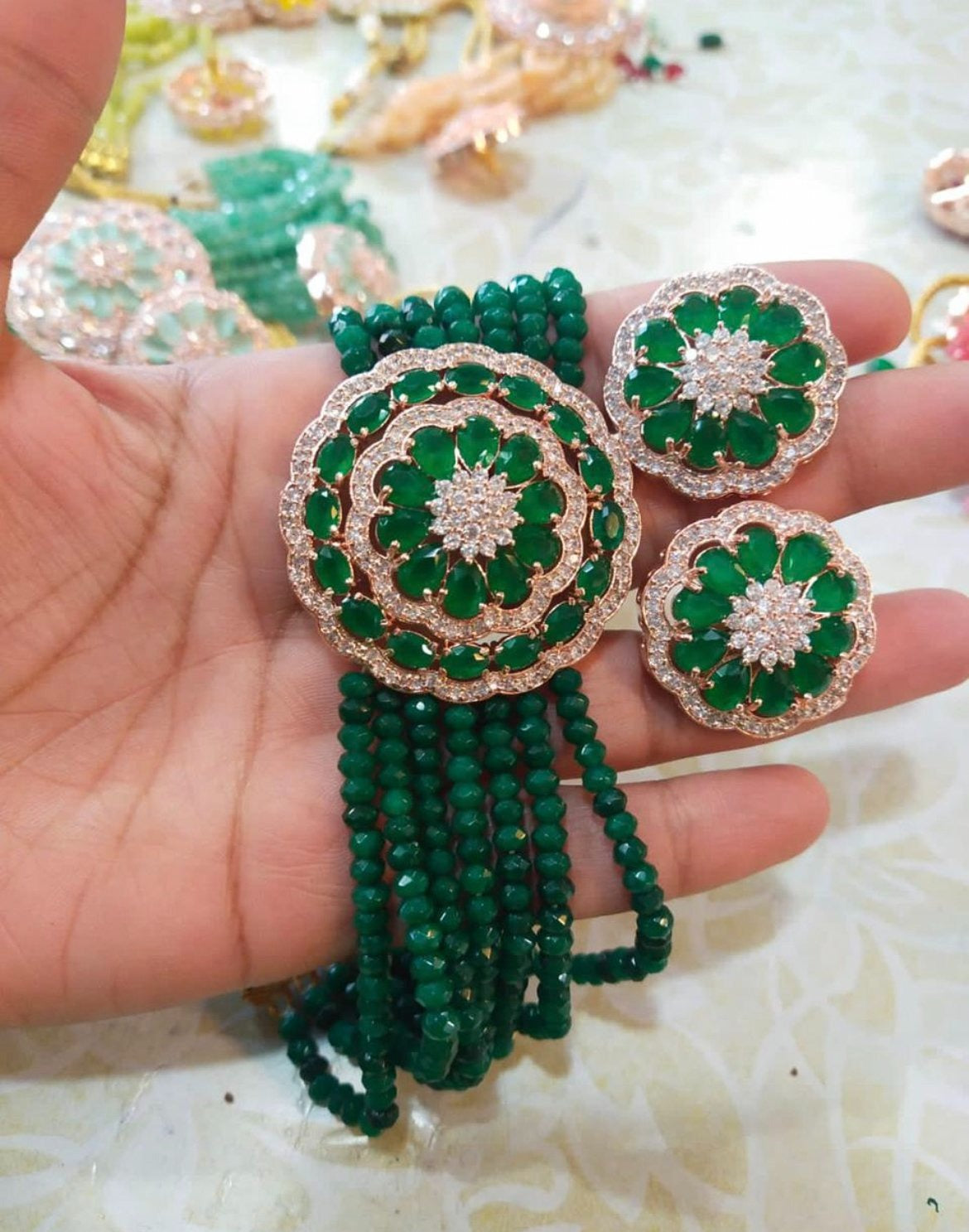 Green American Diamond Choker Set