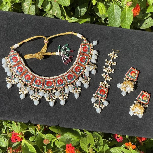 Grey Kundan and Meena Necklace Set