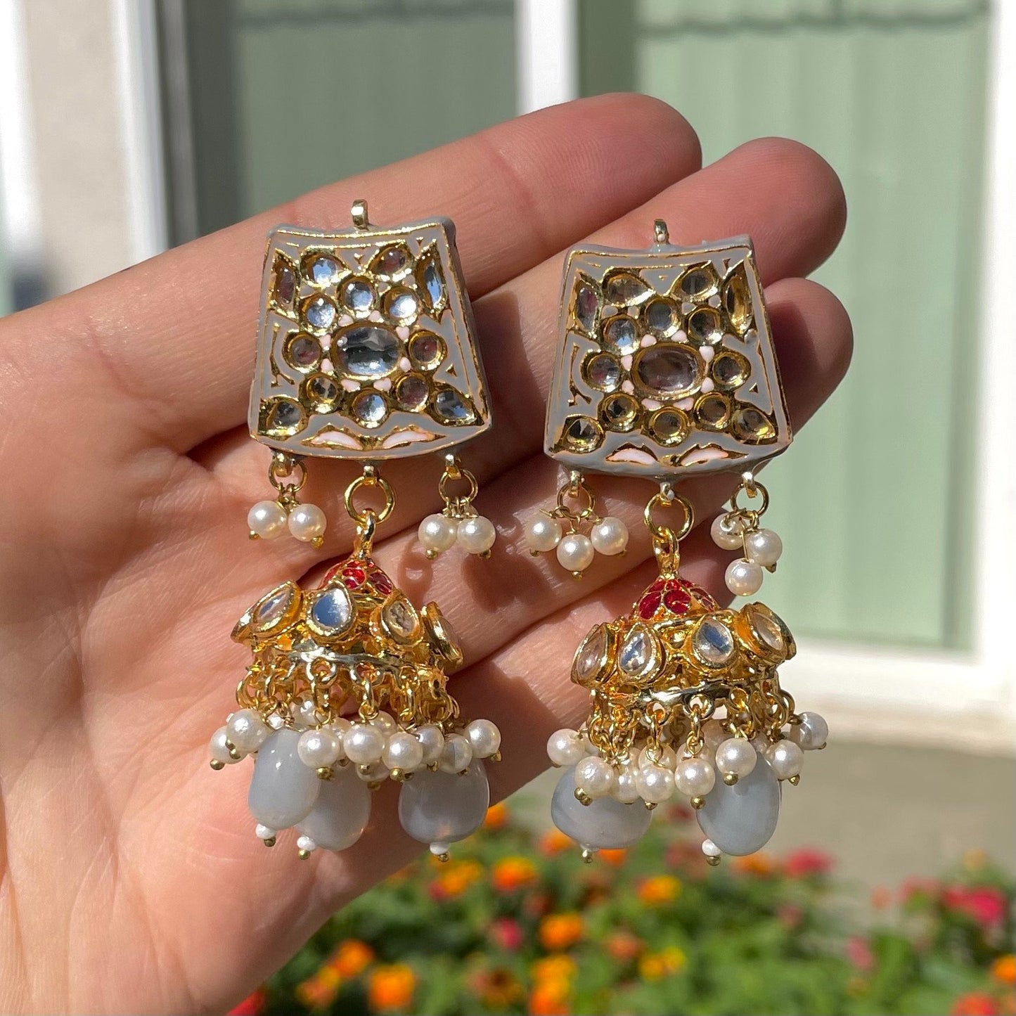 Grey Kundan and Meena Necklace Set