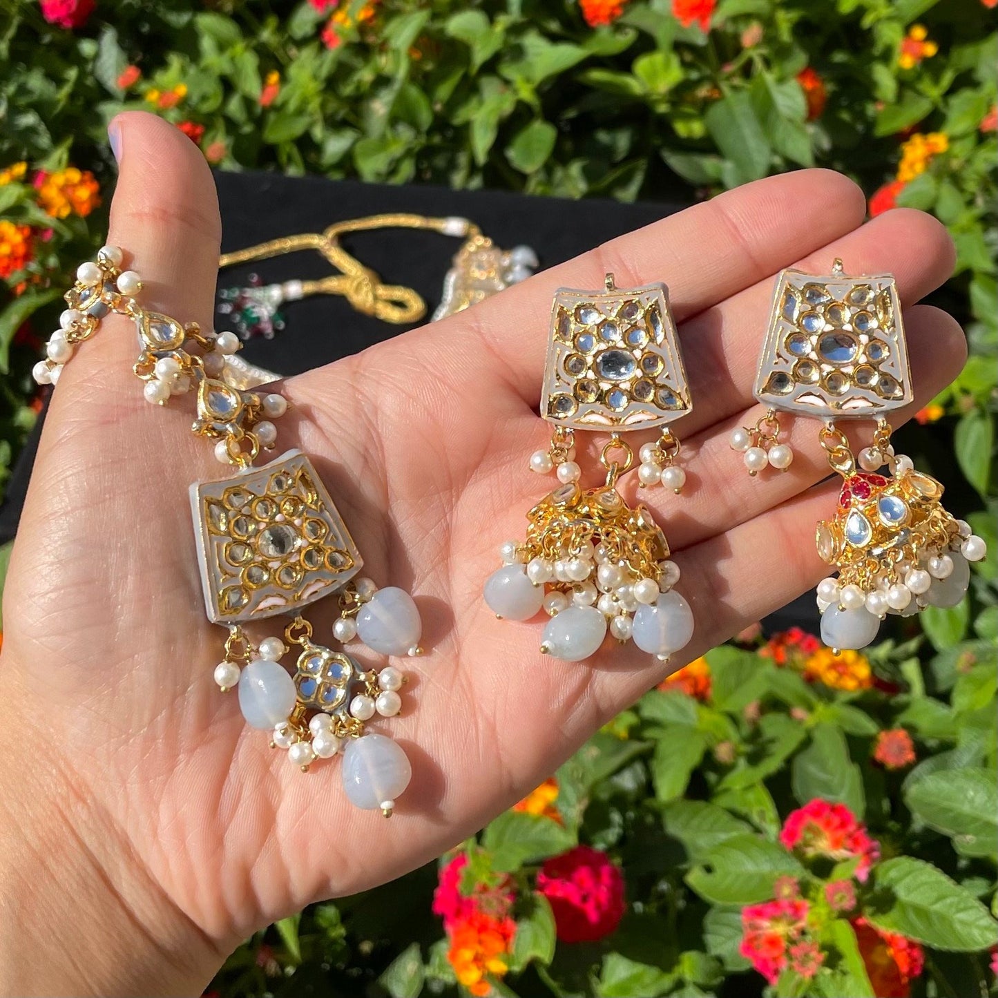 Grey Kundan and Meena Necklace Set