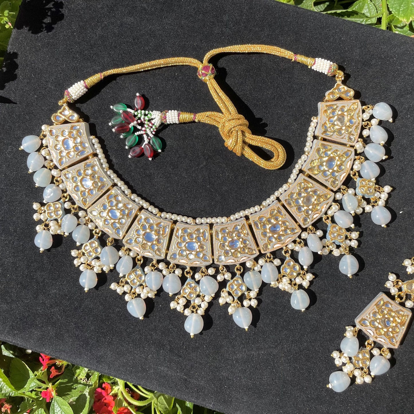 Grey Kundan and Meena Necklace Set