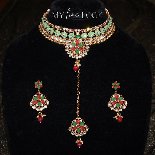 Green and Red Kundan and Meena Choker Set