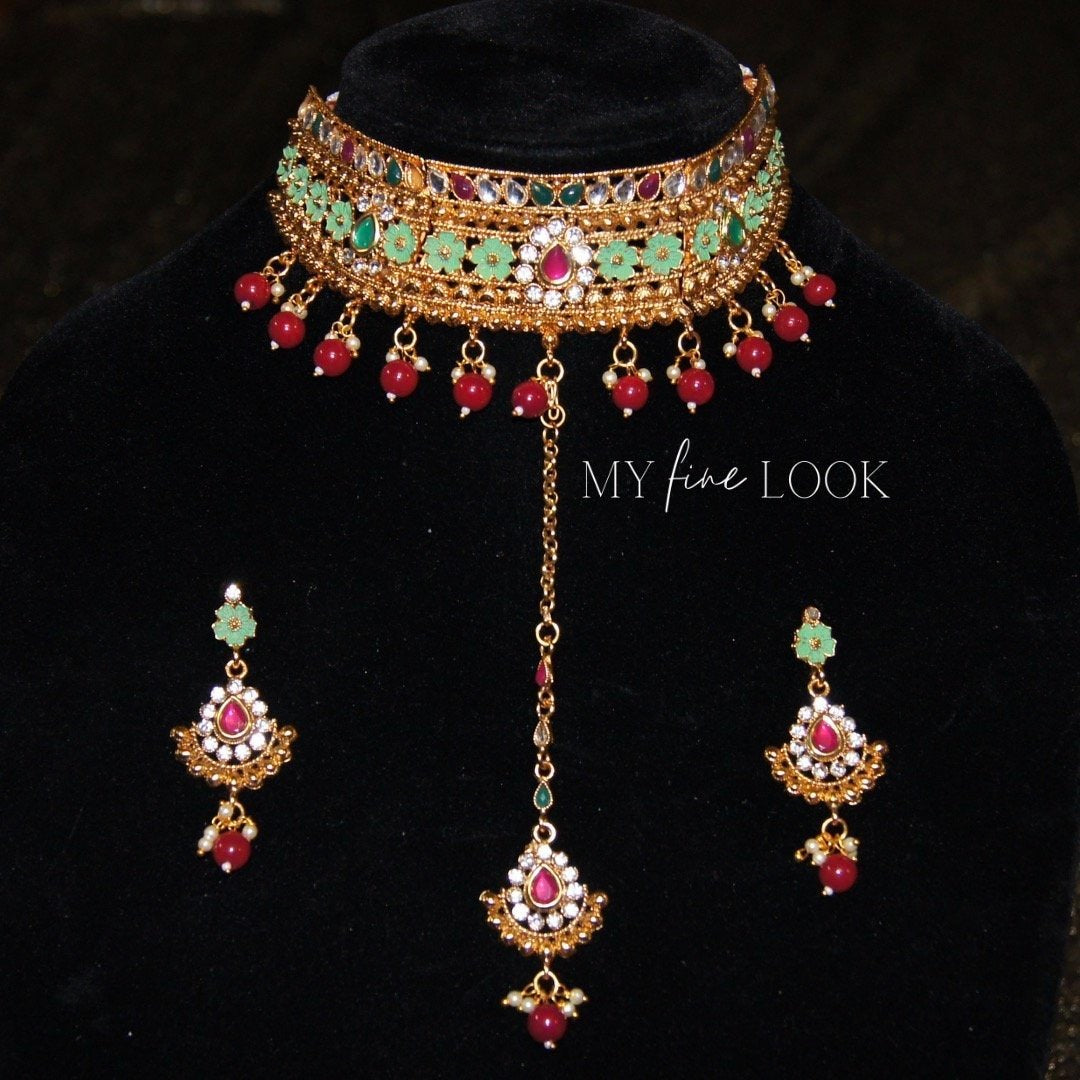 Green and Red Kundan and Meena Choker Set