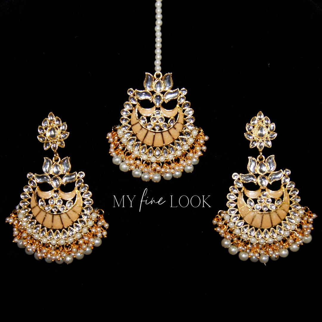 Peach Kundan and Meena Earrings with Maang Tikka