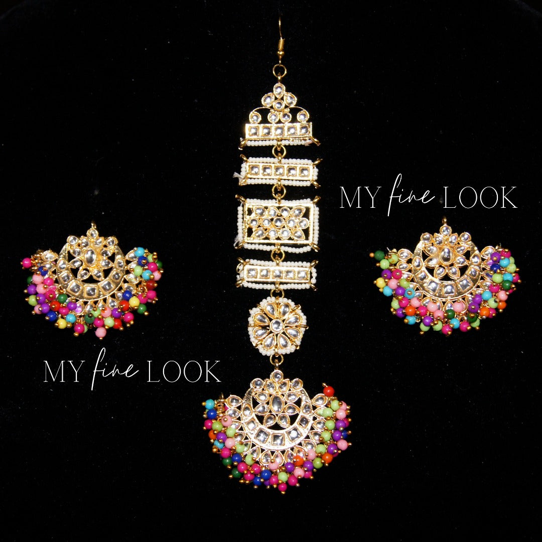 Multicolor Kundan Earrings with Pathi Maang Tikka