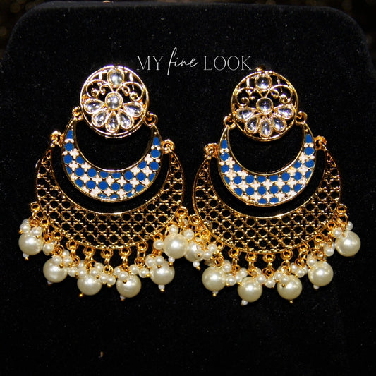 Blue Kundan and Meena Earrings