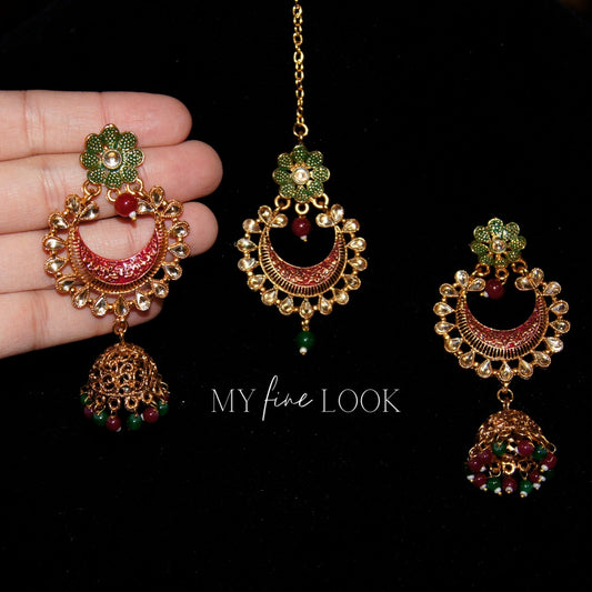 Maroon and Green Kundan and Meena Earrings with Maang Tikka