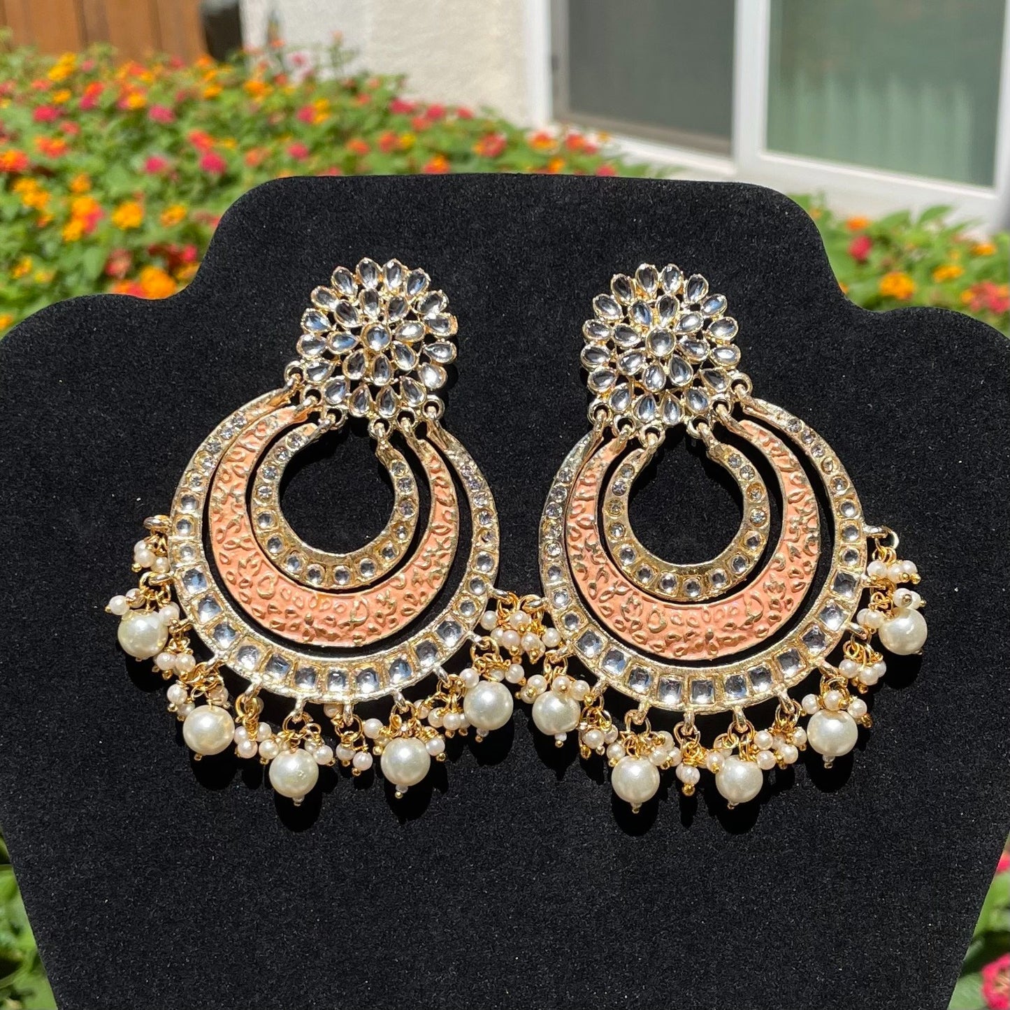 Peach Kundan and Meena Earrings