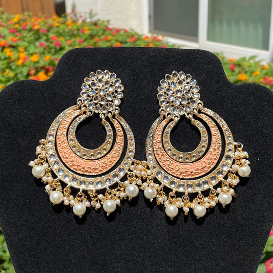 Peach Kundan and Meena Earrings