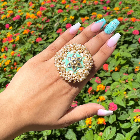 Turquoise Adjustable Kundan and Meena Ring