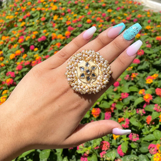 Beige Baby Yellow Adjustable Kundan and Meena Ring