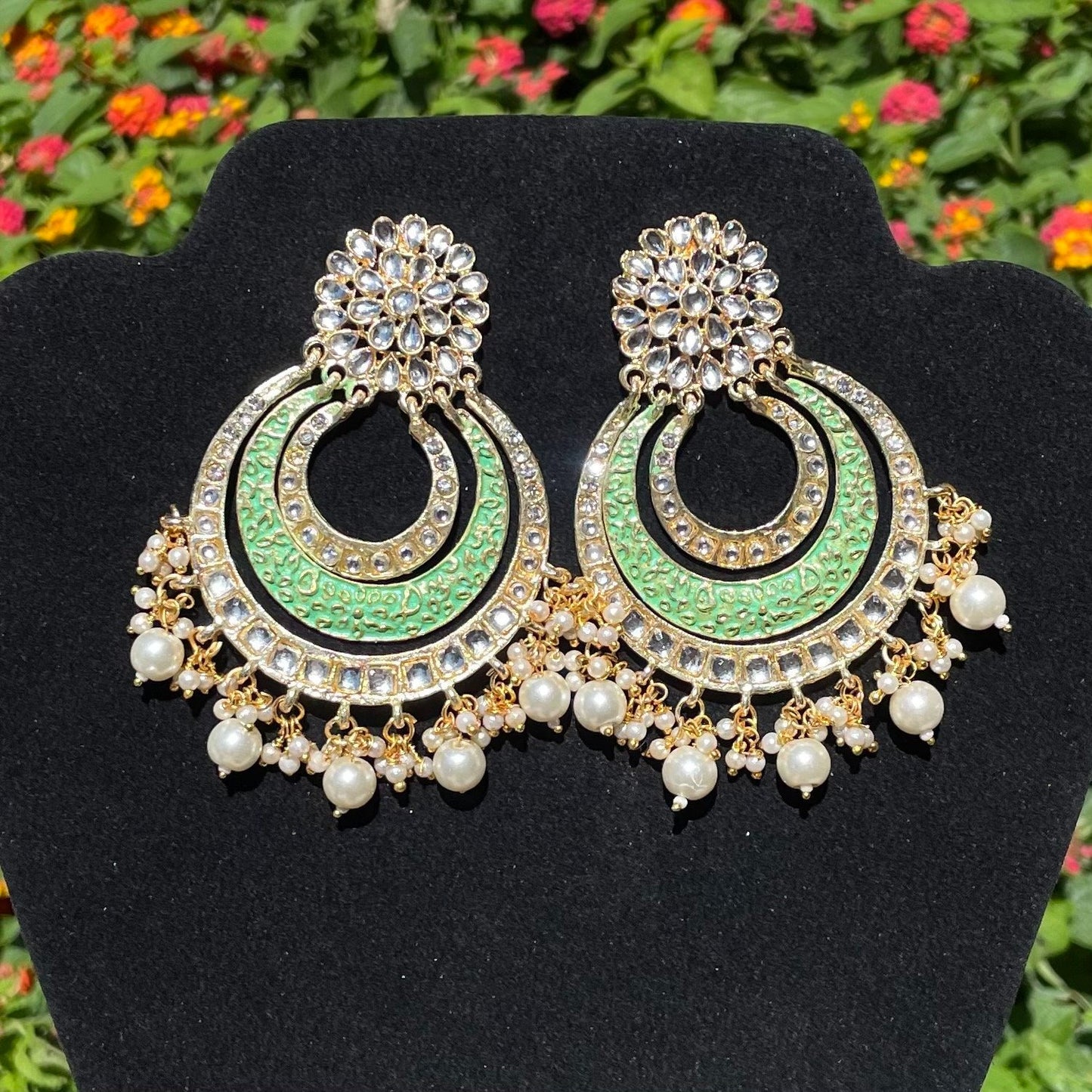 Lime Green Kundan and Meena Earrings