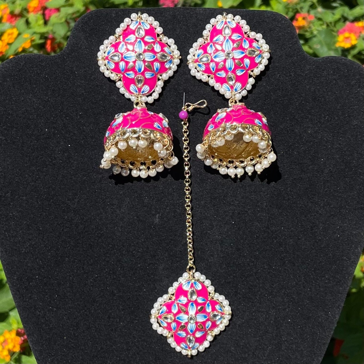 Rani Pink Kundan and Handpainted Meena Jhumki Earrings with Tikka