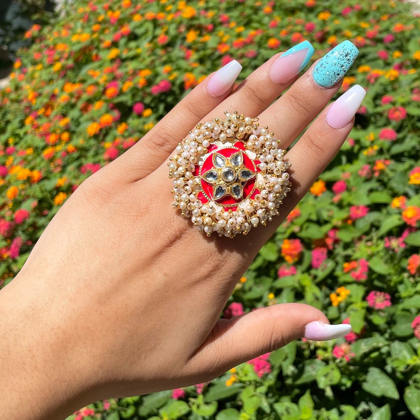 Red Adjustable Kundan and Meena Ring