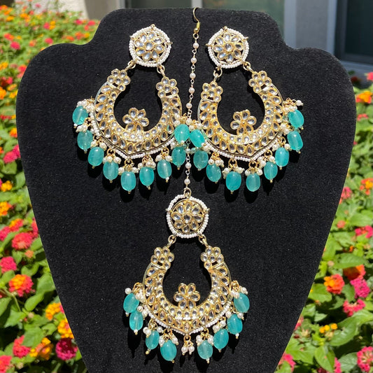 Aqua Green Kundan Earrings with Tikka